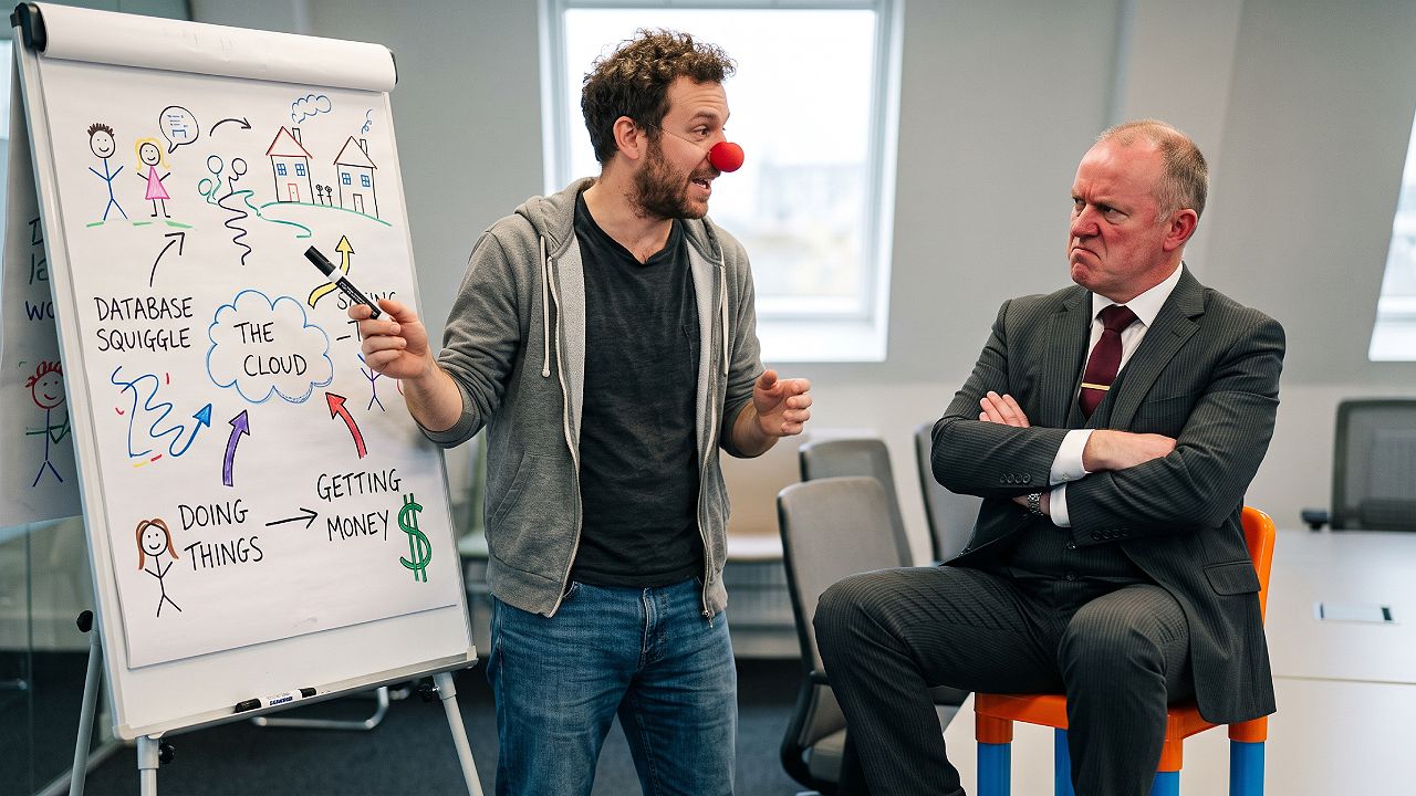 Ein Softwareingenieur erklärt einem Unternehmensmanager Technik, der wütend ist, weil er wie ein Kind behandelt wird