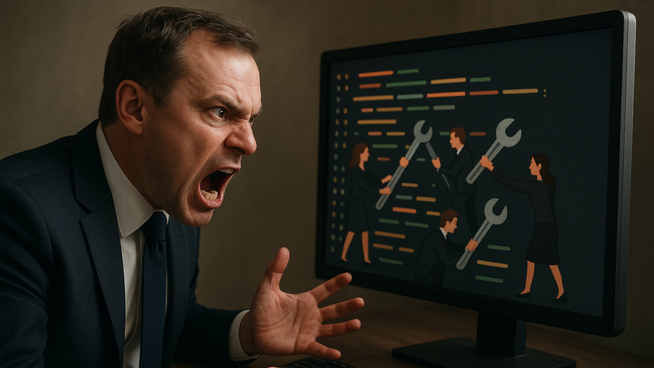 Ein wütender Geschäftsführer mit Blick auf kontinuierliche Refactoring-Kosten.