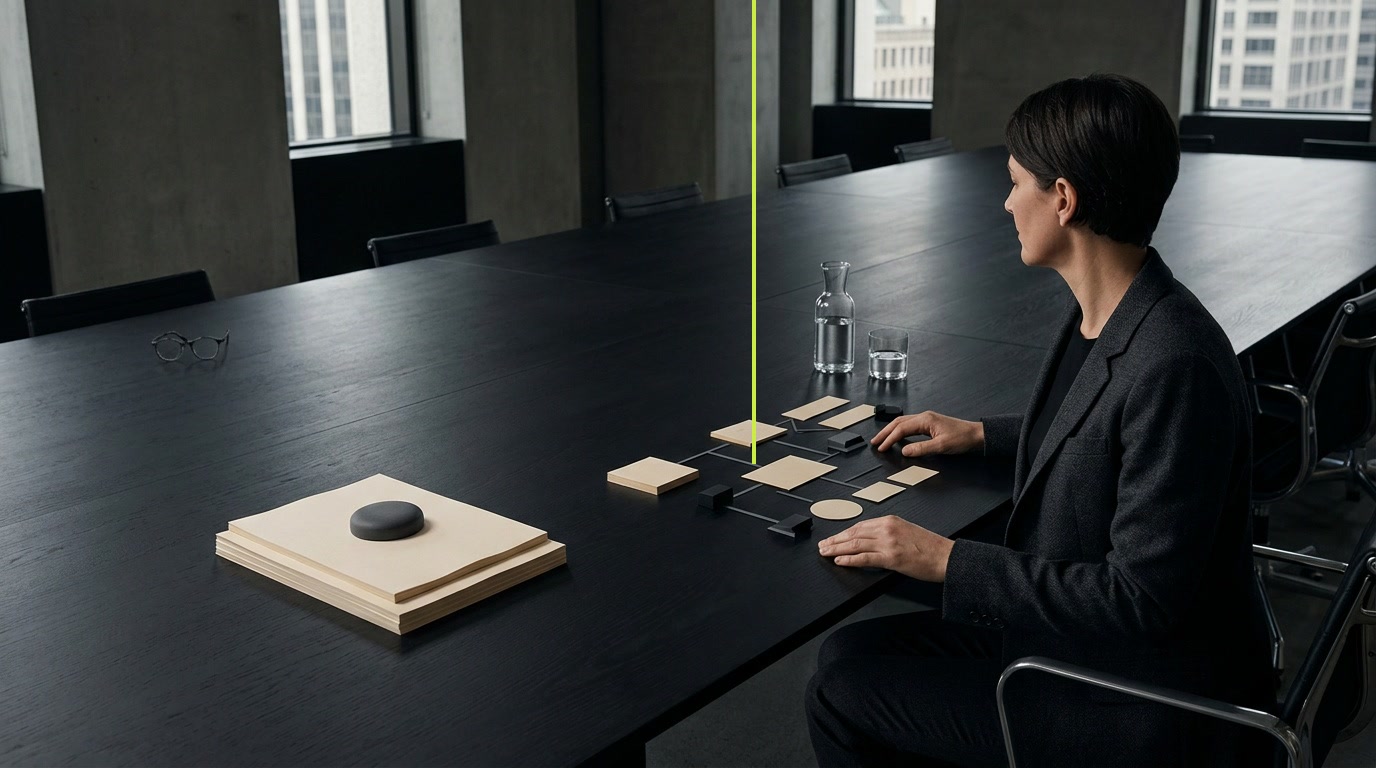 An executive at a long table weighs a customer brief against a technical system diagram, divided by one vertical acid-green line.